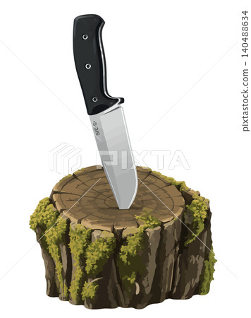 Vsai survival knife sticking in mossy tree stump Vsai survival knife sticking in mossy tree stump 140488634