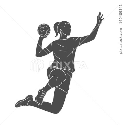 A woman handball player throws a ball in a jump A woman handball player throws a ball in a jump 140489341