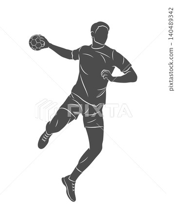 A man handball player throws a ball in a dynamic jump A man handball player throws a ball in a dynamic jump 140489342