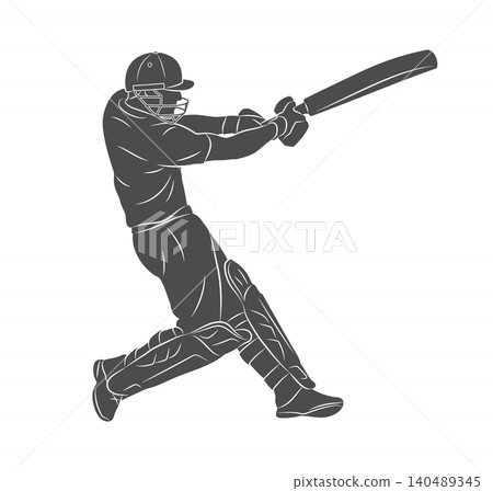 A batsman playing cricket. The silhouette of a cricketer hitting a ball with a bat A batsman playing cricket. The silhouette of a cricketer hitting a ball with a bat 140489345