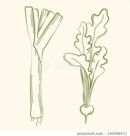 Hand-drawn summer vegetables, radish and leek line art drawing for grocery shop, farmer market, cooking ingredients, menu Hand-drawn summer vegetables, radish and leek line art drawing for grocery shop, farmer market, cooking ingredients, menu 140489411