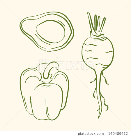 Hand-drawn vegetables, avocado, bell pepper, radish in line art for grocery shop, farmer market, summer packaging, ingredients Hand-drawn vegetables, avocado, bell pepper, radish in line art for grocery shop, farmer market, summer packaging, ingredients 140489412