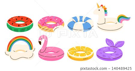 Cute inflatable pool rings set. Swimming float rings in various shapes: watermelon, donut, striped, unicorn, rainbow, flamingo, lemon, mermaid. Isolated vector illustration in cartoon style Cute inflatable pool rings set. Swimming float rings in various shapes: watermelon, donut, striped, unicorn, rainbow, flamingo, lemon, mermaid. Isolated vector illustration in cartoon style 140489425