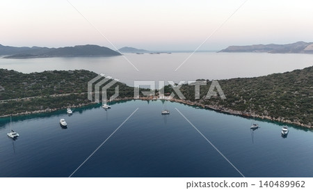 Coastal mountain landscape, sea resort yachts, golden hour 140489962
