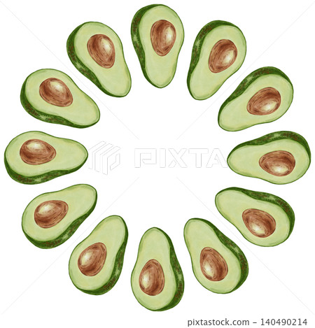 Wreath. Watercolor illustration of an avocado wreath with slices and leaves. Suitable for stores, cafes, packaging, menus, and products related to cooking, skincare, and health Wreath. Watercolor illustration of an avocado wreath with slices and leaves. Suitable for stores, cafes, packaging, menus, and products related to cooking, skincare, and health 140490214