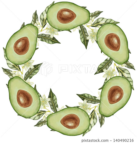 Wreath. Watercolor illustration of an avocado wreath with slices and leaves. Suitable for stores, cafes, packaging, menus, and products related to cooking, skincare, and health Wreath. Watercolor illustration of an avocado wreath with slices and leaves. Suitable for stores, cafes, packaging, menus, and products related to cooking, skincare, and health 140490216