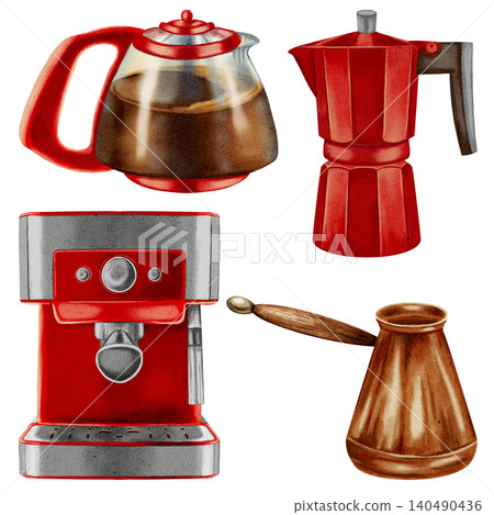 Watercolor illustration of a red coffee maker, coffee pot and cezve. Watercolor illustration of a red coffee maker, coffee pot and cezve. 140490436