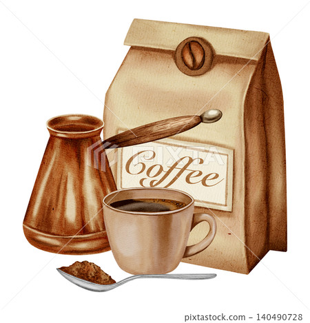 A hand-drawn watercolor illustration of a coffee set with a cezve, cup, and coffee beans, and artisan coffee packaging. Illustrations for coffee shops, cafes, packaging, menus, and product design A hand-drawn watercolor illustration of a coffee set with a cezve, cup, and coffee beans, and artisan coffee packaging. Illustrations for coffee shops, cafes, packaging, menus, and product design 140490728