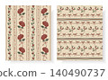 Set of 2 seamless vintage cottagecore patterns featuring hydrangea stripe, bow garland, botanical branches and dotted lines on cream background. Perfect for fabric, wallpaper, stationery, gift wrap. 140490737