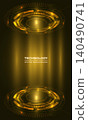 Golden futuristic technology vertical background with glowing circular interfaces. Poster with golden hud. 140490741