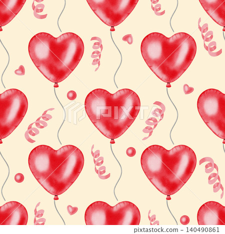 Romantic watercolor seamless pattern with red heart shaped balloons. Hand drawn background for birthday, anniversary and Valentine day, children's design, and card making. Romantic watercolor seamless pattern with red heart shaped balloons. Hand drawn background for birthday, anniversary and Valentine day, children's design, and card making. 140490861