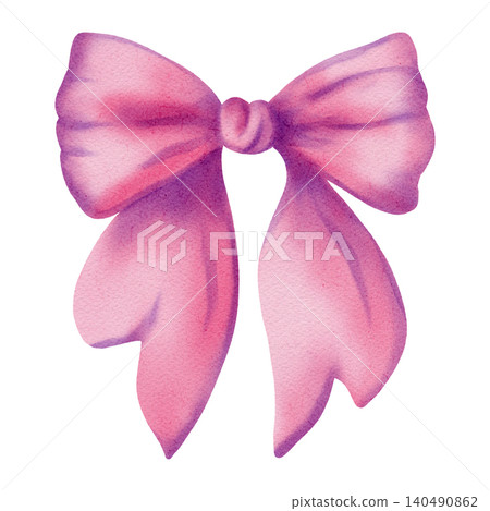 Watercolor illustration elegant pink ribbon bow. Hand drawn soft satin or grosgrain bow knot for birthdays, anniversaries, party invitations, children's design, and cardmaking. 140490862