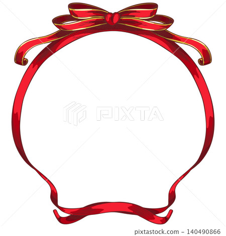 Vintage red ribbon frame with bows knot with heart brooch sketch, wavy ribbon rounded border, vector holiday decoration Vintage red ribbon frame with bows knot with heart brooch sketch, wavy ribbon rounded border, vector holiday decoration 140490866