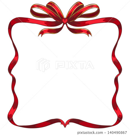 Vintage red ribbon frame with bows knot and brooch heart shape sketch style, wavy ribbon square border vector decoration Vintage red ribbon frame with bows knot and brooch heart shape sketch style, wavy ribbon square border vector decoration 140490867