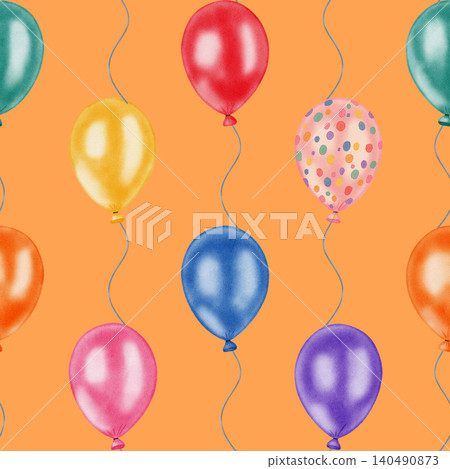 Watercolor seamless pattern with colorful helium balloons on strings. Hand drawn bright background for birthday party, baby shower and kids holiday decor, card making. Watercolor seamless pattern with colorful helium balloons on strings. Hand drawn bright background for birthday party, baby shower and kids holiday decor, card making. 140490873