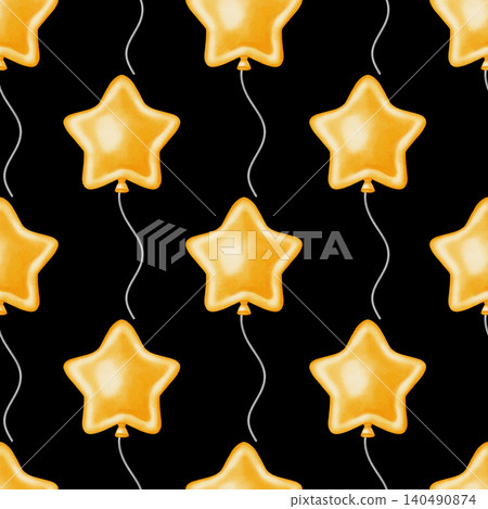 Bright watercolor seamless pattern with golden star shaped balloons. Hand drawn festive background for birthday, party invitations, children's design, and card making 140490874