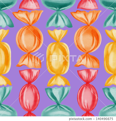 Sweet watercolor seamless pattern with colorful wrapped candies and sweet beads. Hand drawn background for birthday, kids holiday and candy bar, children's design, and card making Sweet watercolor seamless pattern with colorful wrapped candies and sweet beads. Hand drawn background for birthday, kids holiday and candy bar, children's design, and card making 140490875