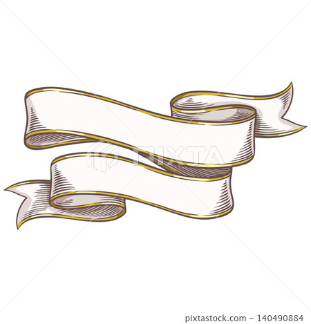 Ribbon banner vector sketch, vintage twisting title ribbon, hand drawn headline frame with golden stripe and forked ends Ribbon banner vector sketch, vintage twisting title ribbon, hand drawn headline frame with golden stripe and forked ends 140490884