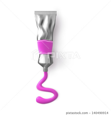 Pink paint squeezed tube for artists, acrylic paint flexible container, vector 3D realistic silver metal tube with label Pink paint squeezed tube for artists, acrylic paint flexible container, vector 3D realistic silver metal tube with label 140490914