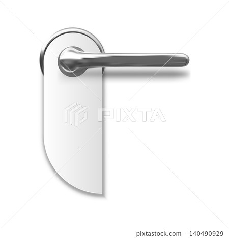 A metal, silver door handle with a blank, white hanger sign. A metal, silver door handle with a blank, white hanger sign. 140490929