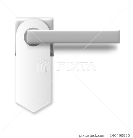3D realistic chrome door handle with hanger vector icon, hotel door fixtures with chrome knob and privacy hanging tag 3D realistic chrome door handle with hanger vector icon, hotel door fixtures with chrome knob and privacy hanging tag 140490930