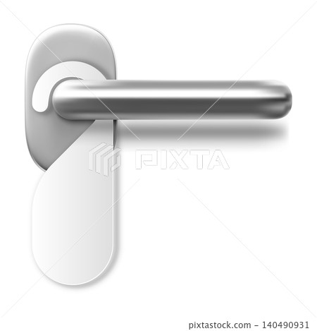 3D realistic silver door handle with hanger vector icon, hotel door steel fixtures with knob and privacy hanging tag 3D realistic silver door handle with hanger vector icon, hotel door steel fixtures with knob and privacy hanging tag 140490931