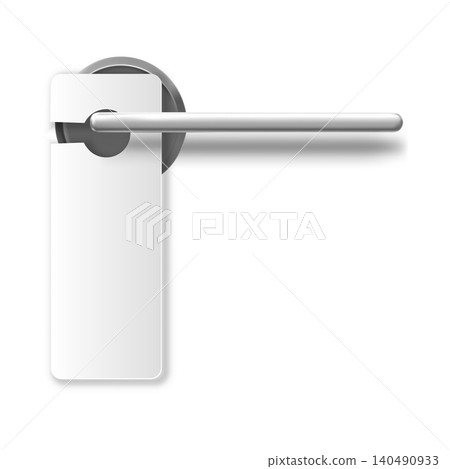 3D realistic silver door handle with hanger vector icon, hotel door lock fixtures thin knob and privacy hanging tag 3D realistic silver door handle with hanger vector icon, hotel door lock fixtures thin knob and privacy hanging tag 140490933
