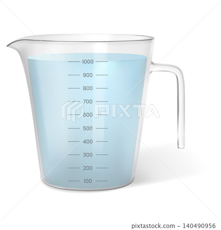 A realistic measuring cup with a blue liquid up to the 1000 ml mark. 140490956