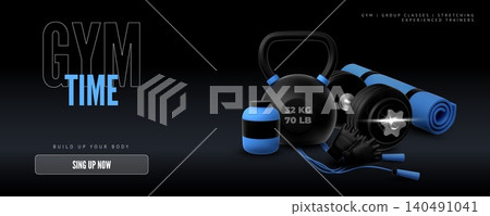 A horizontal fitness banner with 3D sports equipment on a black background. A horizontal fitness banner with 3D sports equipment on a black background. 140491041
