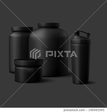 Realistic black sports nutrition containers and shaker. Realistic black sports nutrition containers and shaker. 140491045