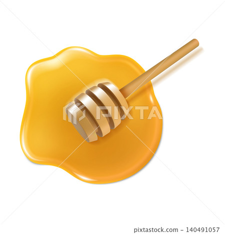 A wooden spindle spoon in a pool of golden honey. Natural sweets. A wooden spindle spoon in a pool of golden honey. Natural sweets. 140491057