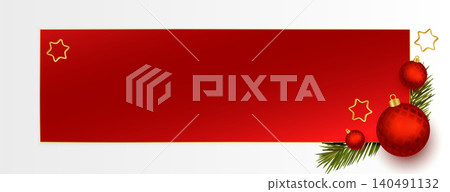 merry christmas holiday banner with realistic ball and pine tree leaves 140491132