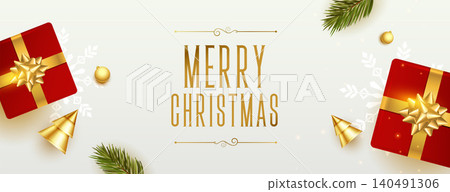 merry christmas festival realistic banner with tree and gift boxes merry christmas festival realistic banner with tree and gift boxes 140491306
