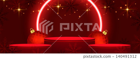 neon style merry christmas red banner with 3d podium and bauble neon style merry christmas red banner with 3d podium and bauble 140491312