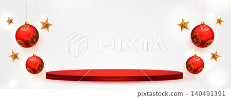 merry christmas decorative banner with red podium for product display merry christmas decorative banner with red podium for product display 140491391