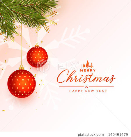 merry christmas beautiful greeting with pine tree leaves and ball merry christmas beautiful greeting with pine tree leaves and ball 140491479