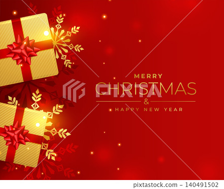 merry christmas red greeting with golden gift boxes and snowflakes merry christmas red greeting with golden gift boxes and snowflakes 140491502