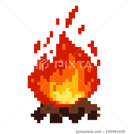 A pixelated burning campfire with wood and flying sparks in a retro 8-bit style. A pixelated burning campfire with wood and flying sparks in a retro 8-bit style. 140491600