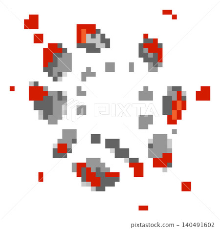 Bomb explosion vector pixel art, detonated boom flash, cartoon 8 bit video game fire blast with flame sparks and smoke 140491602
