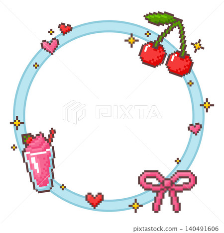 Girly pixel art frame, vector retro 8 bit circle border with stars and hearts, milkshake cocktail, bow and cherries Girly pixel art frame, vector retro 8 bit circle border with stars and hearts, milkshake cocktail, bow and cherries 140491606