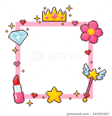 Girly pixel art frame, vector retro 8 bit square border with stars and hearts, crown and flower, lipstick, magic wand 140491607
