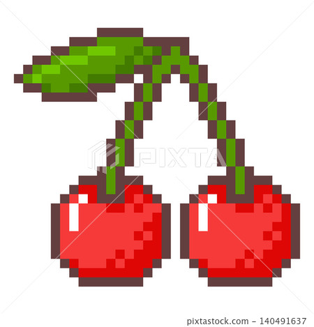 Cherry berries on stem with leaf pixel art vector icon, retro 8 bit video game cartoon fresh ripe farm red fruits 140491637