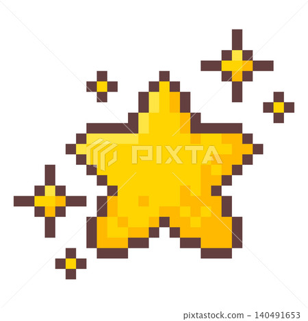 A yellow pixel star in a retro 8-bit style with a brown outline and small shimmering sparks. 140491653