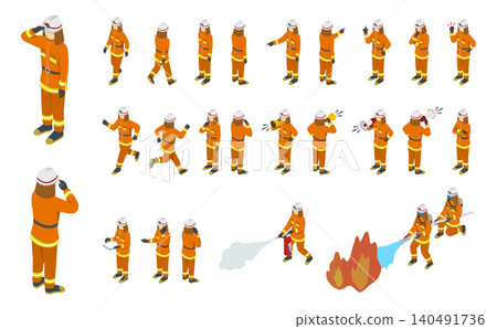 Isometric illustration: Set of firefighters in fire suits Isometric illustration: Set of firefighters in fire suits 140491736
