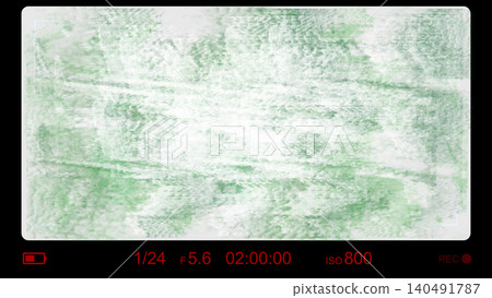 Green cinematic camera overlay with battery icon, lens settings, REC mark, and textured frame isolated for filmmaking, editing, and video production use. 140491787