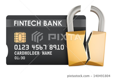 Fintech bank card with broken padlock showing financial security breach and payment vulnerability, 3d rendering Fintech bank card with broken padlock showing financial security breach and payment vulnerability, 3d rendering 140491804