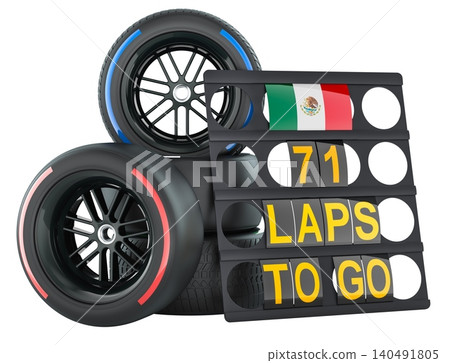 Mexican racing, pit board with flag of Mexico and racing wheels. 3D rendering Mexican racing, pit board with flag of Mexico and racing wheels. 3D rendering 140491805