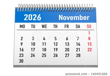 November 2026 desk calendar. 3D rendering November 2026 desk calendar. 3D rendering 140491806