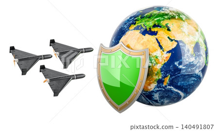 Planet Earth with green shield and military drones representing global defense, anti drone protection and world security, 3d rendering Planet Earth with green shield and military drones representing global defense, anti drone protection and world security, 3d rendering 140491807