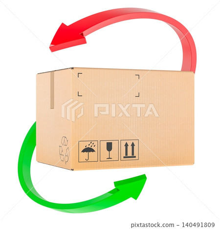 Product return concept, cardboard box with circular arrows. 3D rendering Product return concept, cardboard box with circular arrows. 3D rendering 140491809